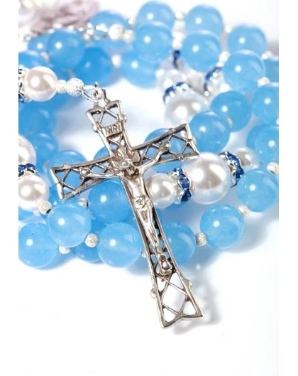 Sky Blue Jade, Pearls, Sterling Silver 925 Precious Crucifix And Center 1 Sky Blue Jade, Pearls, Sterling Silver 925 Precious Crucifix And Center