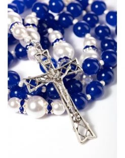 Deep Blue Jade, Pearls, Sterling Silver Precious Crucifix And Center