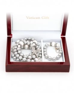 Rosary And Rosary Bracelet Set - Gray And Pearls