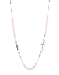 Crystal Necklace With Enamelled Crucifix And Miracolous Medal - Pink - Metal Silver