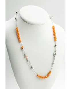 Crystal Necklace With Enamelled Crucifix And Miracolous Medal - Orange - Metal Silver