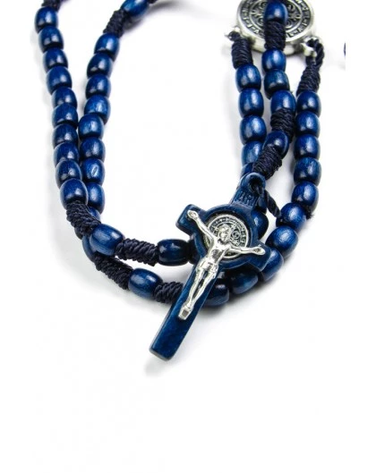 St Benedict Wood And Rope Blue Rosary Necklace 1 St Benedict Wood And Rope Blue Rosary Necklace