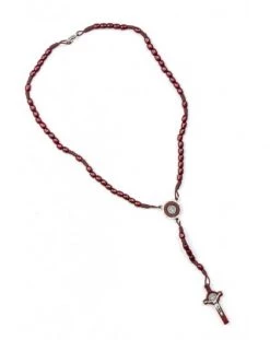 St Benedict Wood And Rope Dark Red Rosary Necklace