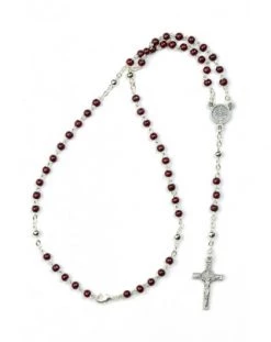 Mini St Benedict Dark Red Wood And Metal Rosary Necklace