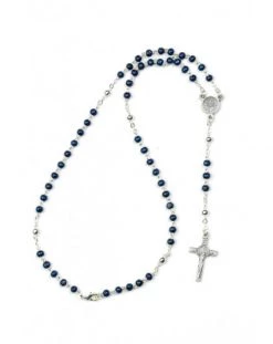 Mini St Benedict Blue Wood And Metal Rosary Necklace