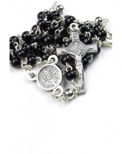 Mini St Benedict Black Wood And Metal Rosary Necklace