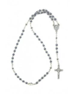 Mini St Benedict Gray Wood And Metal Rosary Necklace
