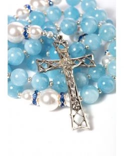 Aquamarine, Pearls, Sterling Silver 925 Precious Crucifix And Center
