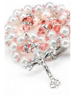 Ancient Rose And White Pearls Rosary - White Strass