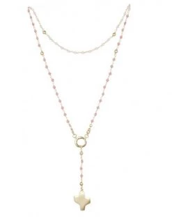 Crystal Rosary Necklace - Pink - Metal Gold