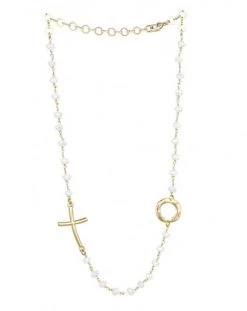Crystal Necklace With Design Crucifix And Center - White - Metal Gold
