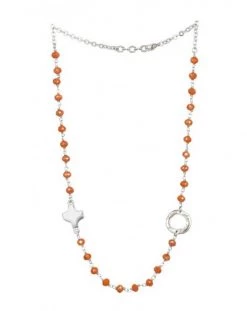 Crystal Necklace With Design Crucifix - Orange - Metal Silver