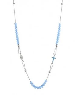 Crystal Necklace With Enamelled Crucifix And Miracolous Medal - Sky Blue - Metal Silver
