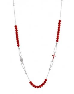 Crystal Necklace With Enamelled Crucifix And Miracolous Medal - Red - Metal Silver