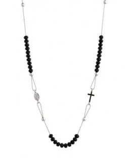 Crystal Necklace With Enamelled Crucifix And Miracolous Medal - Black - Metal Silver
