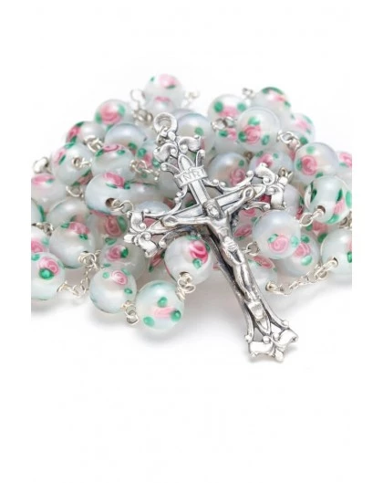 Pale White And Rose Murano Glass Rosary Big - Baroque Crucifix 1 Pale White And Rose Murano Glass Rosary Big - Baroque Crucifix