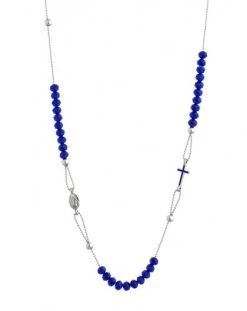 Crystal Necklace With Enamelled Crucifix And Miracolous Medal - Blue - Metal Silver